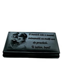 Portofel Personalizat 'O bunica', dama, piele naturala, negru
