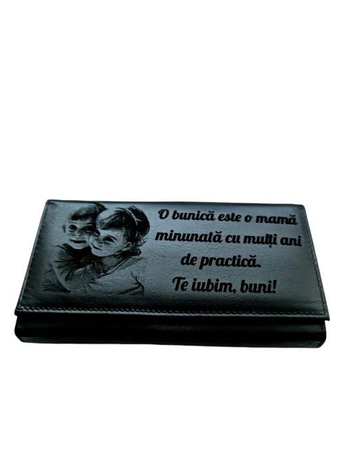 Portofel Personalizat 'O bunica', dama, piele naturala, negru