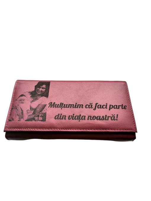Portofel Personalizat 'Multumim', dama, piele naturala, rosu
