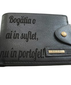 Portofel Personalizat 'Bogatia o ai in suflet', barbati, piele , cu capsa, negru