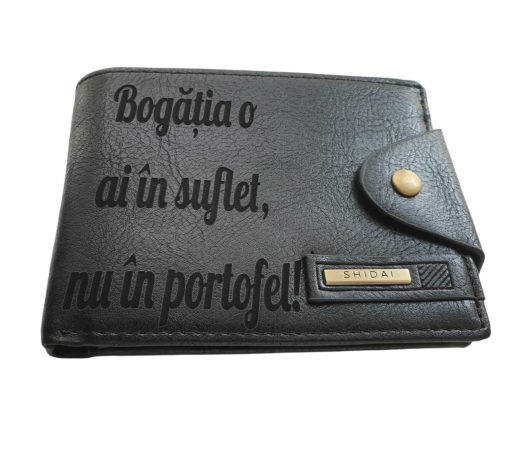 Portofel Personalizat 'Bogatia o ai in suflet', barbati, piele , cu capsa, negru