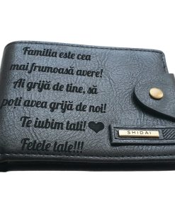 Portofel Personalizat 'Familia este cea mai frumoasa', barbati, piele , cu capsa, negru