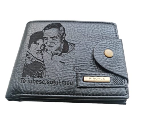 Portofel Personalizat 'Te iubesc sotul meu', barbati, piele , cu capsa, negru