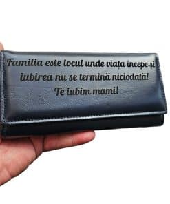portofel dama personalizat albastru cu text Viata incepe