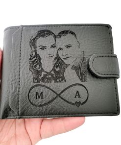 Portofel negru cu capsa personalizat cu poza cuplu si initiale