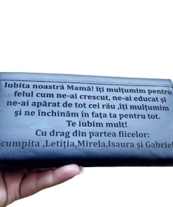 Portofel dama personalizat piele naturala albastru Iubita noastra mama