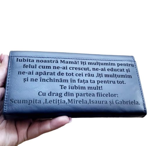 Portofel dama personalizat piele naturala albastru Iubita noastra mama