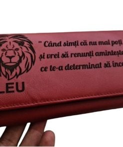 portofel dama piele naturala rosu Zodia leu si text