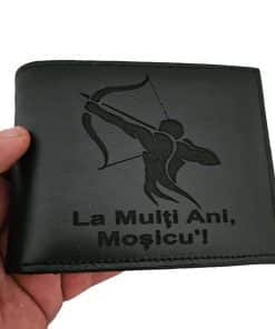 portofel piele naturala negru fara capsa zodia sagetator si text