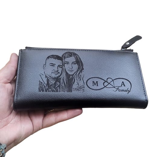 Portofel dama personalizat din piele naturala negru.Cu poza si infinit!