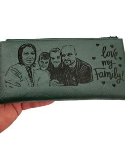 portofel dama verde  cu fermoar personalizat poza si text in engleza
