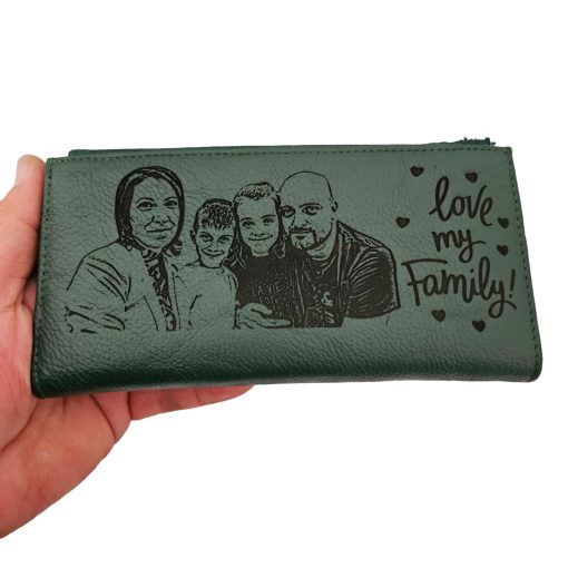 portofel dama verde  cu fermoar personalizat poza si text in engleza