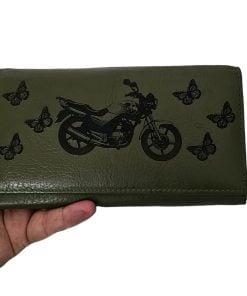 portofel dama verde piele naturala personalizat cu motocicleta si fluturasi