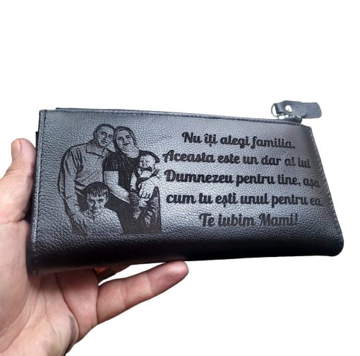 Portofel dama piele naturala personalizat negru Nu iti alegi familia