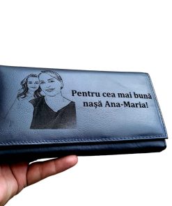 Portofel Personalizat dama, piele naturala, albastru Cea mai buna nasa