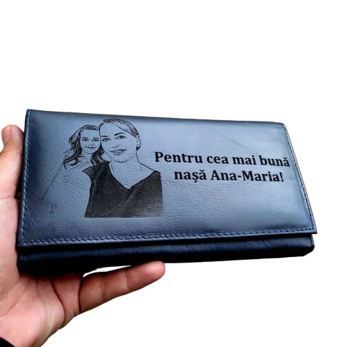 Portofel Personalizat dama, piele naturala, albastru Cea mai buna nasa