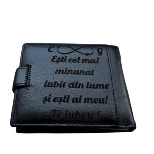 portofel negru piele naturala cu capsa Esti al meu te iubesc