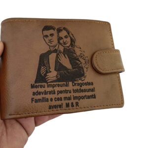 portofel piele naturala maro coniac cu capsa Dragostea Adevarata