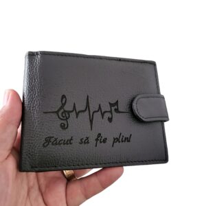portofel negru piele naturala personalizat cu note muzicale si text