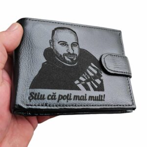 portofel personalizat negru cu poza si text Stiu ca poti