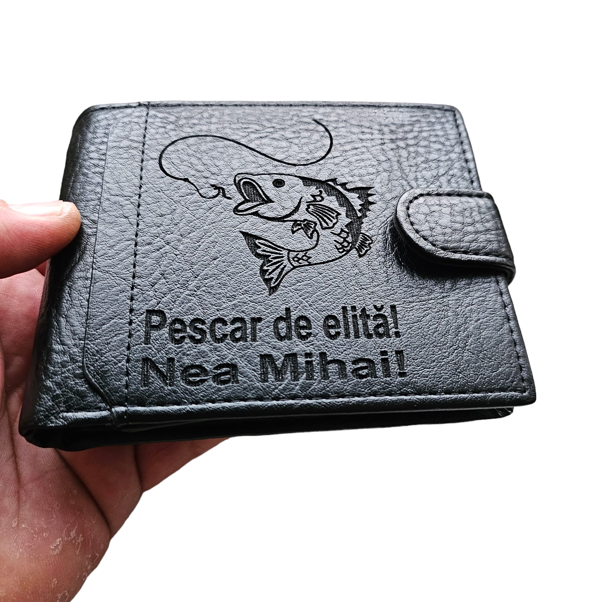 portofel negru cu capsa pescar