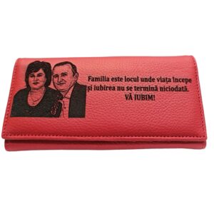 Portofel dama gravat piele naturala rosu Familia este locul!
