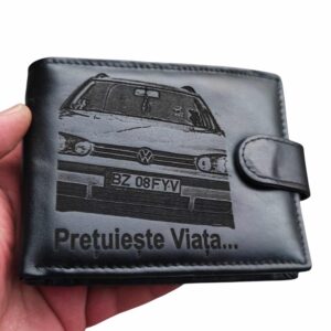portofel negru cu capsa personalizat cu masina si text