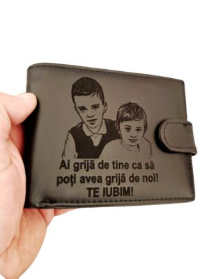 portofel piele naturala personalizat negru cu capsa ai grija de tine