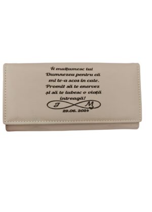 portofel dama beige personalizat cu text O viata intreaga