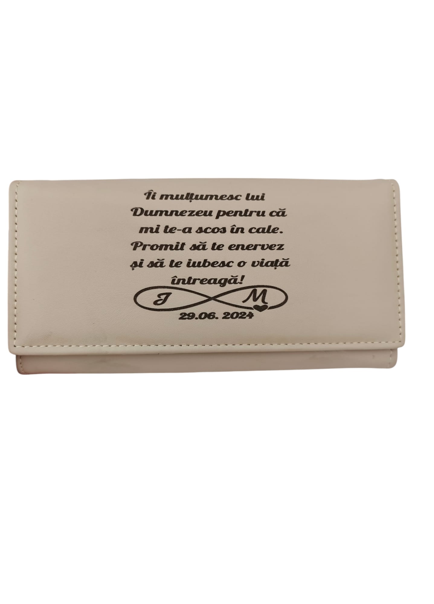 portofel dama beige personalizat cu text O viata intreaga