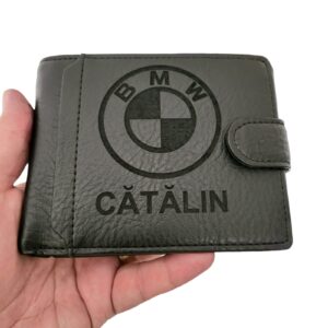 Portofel negru barbat cu capsa personalizat cu logo auto si nume