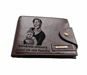 Portofel Personalizat 'Adevarata comoara', barbati, piele , cu capsa, maro