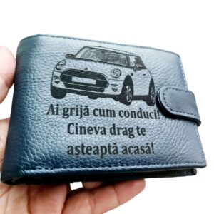 Portofel Personalizat 'Ai grija cum conduci', barbati, piele naturala, cu capsa, albastru