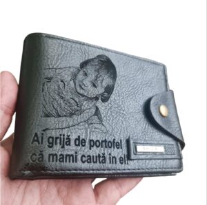 Portofel Personalizat 'Ai grija de portofel', barbati, piele , cu capsa, negru