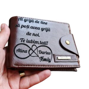 Portofel Personalizat 'Ai grija de tine 5', barbati, piele , cu capsa, maro