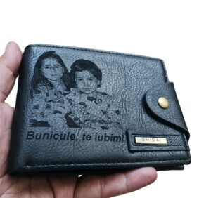 Portofel Personalizat 'Bunicule, te iubim', barbati, piele , cu capsa, negru