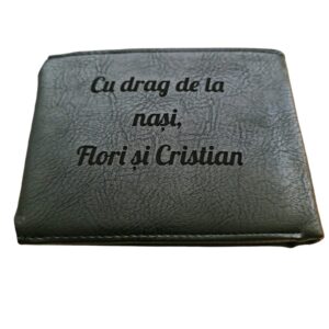 Portofel Personalizat 'Cu drag de la nasi', barbati, piele , cu capsa, negru