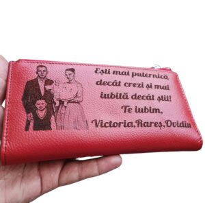 Portofel Personalizat 'Esti mai puternica', dama, piele naturala, rosu