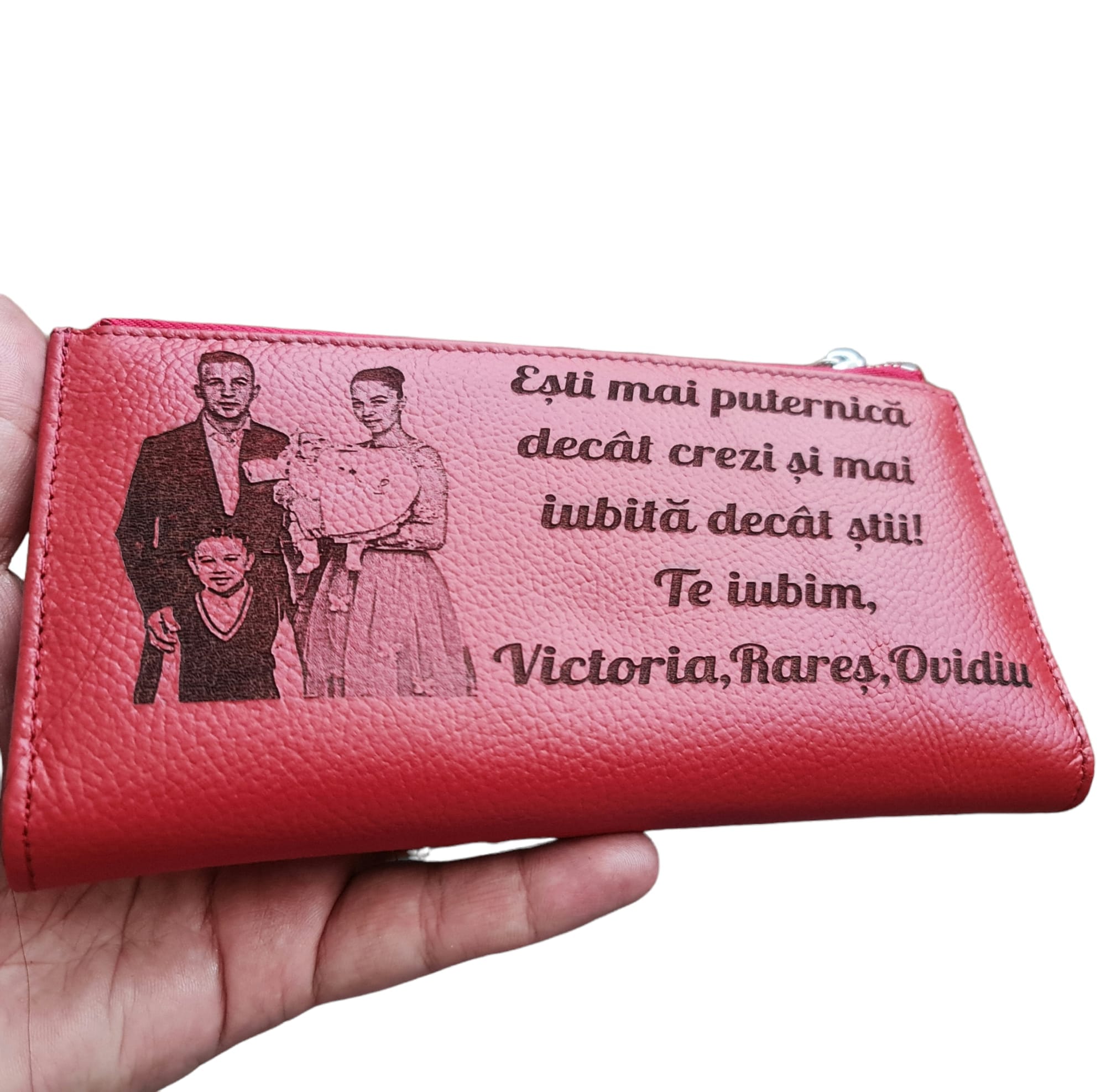Portofel Personalizat 'Esti mai puternica', dama, piele naturala, rosu