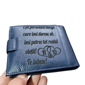 Portofel Personalizat 'Esti persoana langa care imi doresc', barbati, piele naturala , albastru