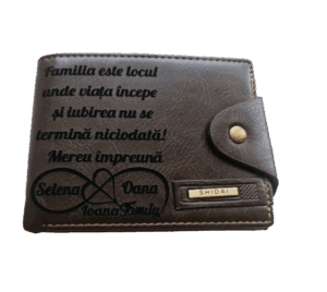 Portofel Personalizat 'Familia este locul', barbati, piele , cu capsa, maro