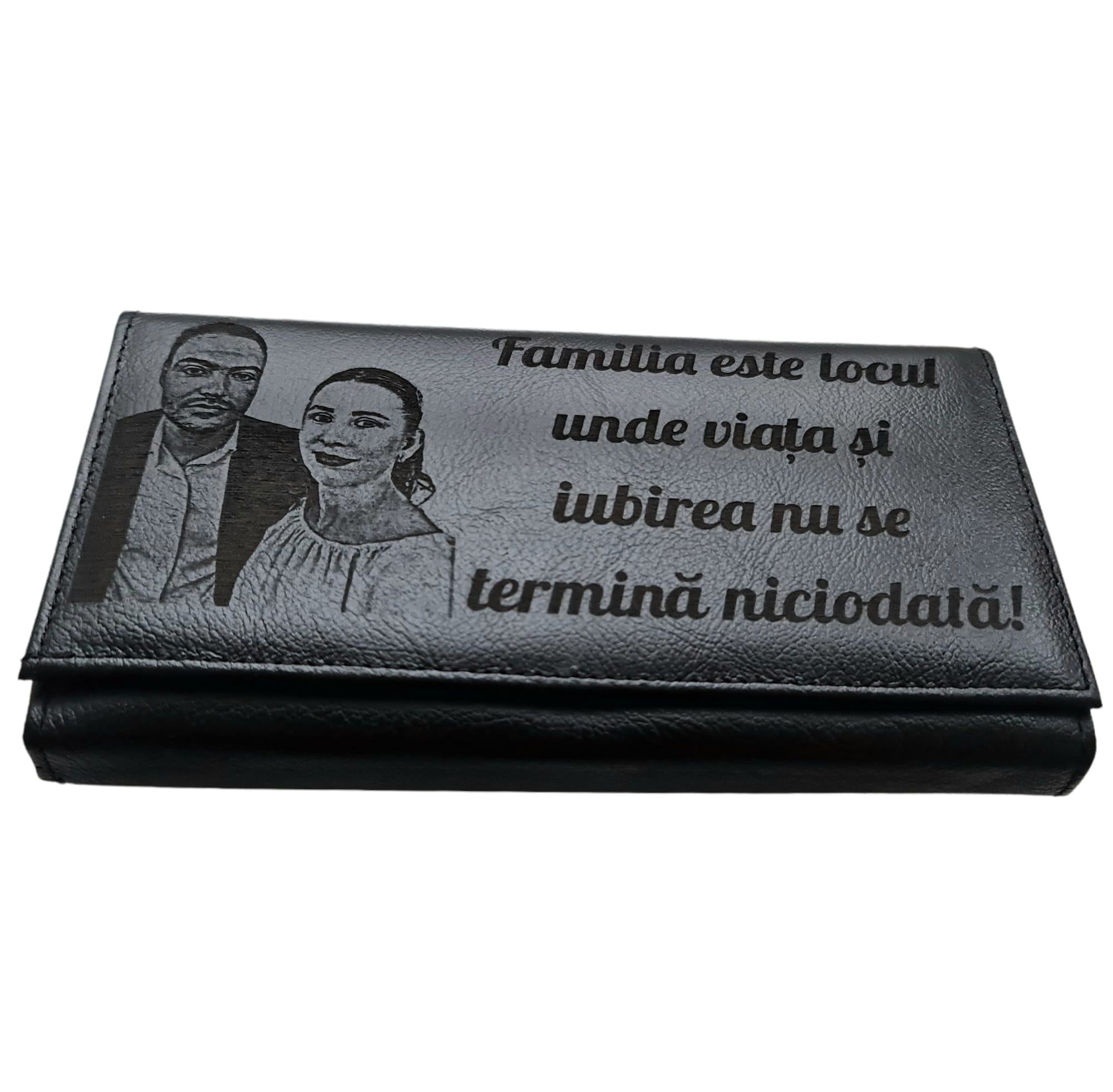 Portofel Personalizat 'Familia este locul unde viata', dama, piele naturala, negru