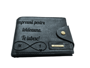 Portofel Personalizat 'Impreuna pentru totdeauna', barbati, piele, cu capsa, negru