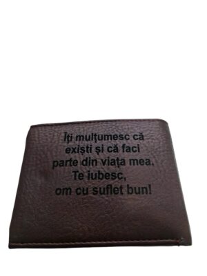 Portofel Personalizat 'Iti multumesc ca existi', barbati, piele, cu capsa, maro