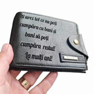 Portofel Personalizat 'Iti urez tot ce nu poti', barbati, piele, cu capsa, negru