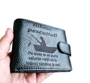 Portofel Personalizat 'Iubesc pescuitul', barbati, piele naturala , negru
