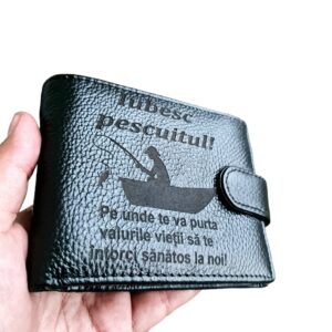 Portofel Personalizat 'Iubesc pescuitul', barbati, piele naturala , negru