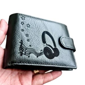 Portofel Personalizat 'Motive muzicale', barbati, piele naturala, cu capsa, negru
