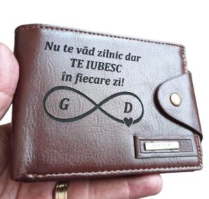 Portofel Personalizat 'Nu te vad zilnic', barbati, piele , cu capsa, maro