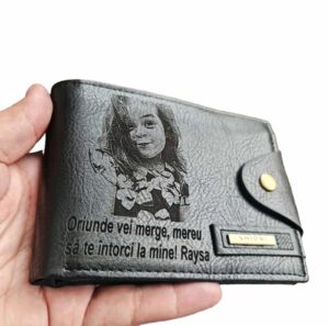 Portofel Personalizat 'Oriunde vei merge penb', barbati, piele , cu capsa, negru